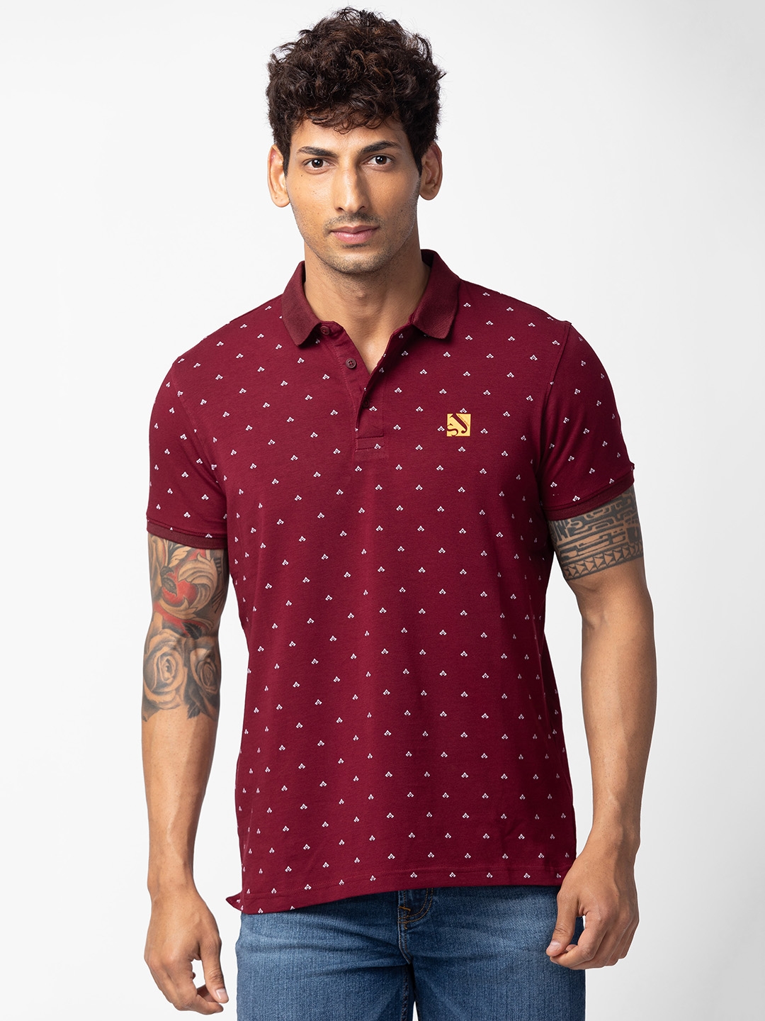 Spykar | Spykar Men Wine Cotton Regular Fit Half Sleeve Printed T-Shirt 0