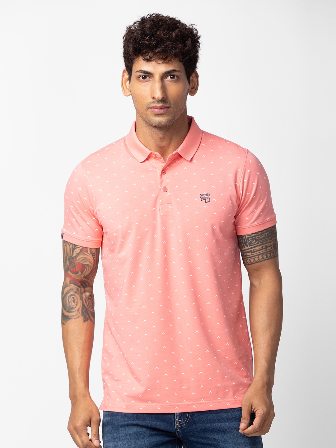 spykar | Spykar Men Peach Pink Cotton Regular Fit Half Sleeve Printed T-Shirt 0