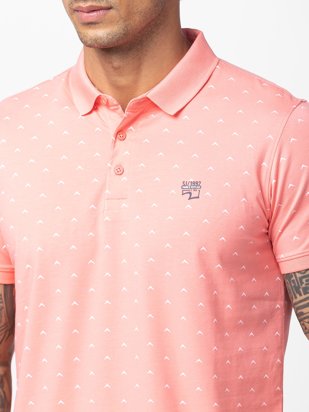 spykar | Spykar Men Peach Pink Cotton Regular Fit Half Sleeve Printed T-Shirt 4