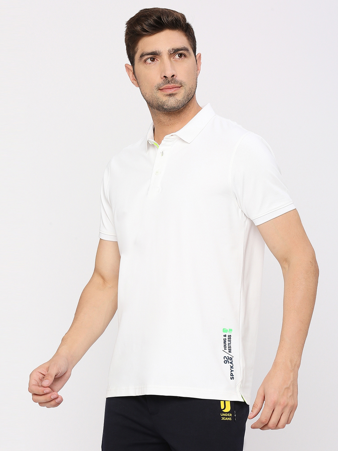 spykar | Spykar Men White Cotton Slim Fit Plain Polo Tshirt 1