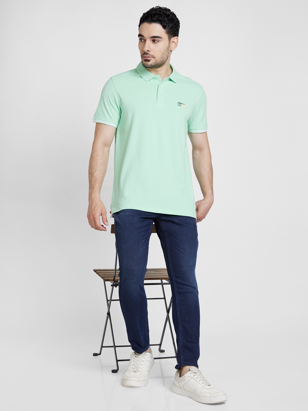 spykar | Spykar Men Mint Green Cotton Slim Fit Plain Polo Tshirt 5