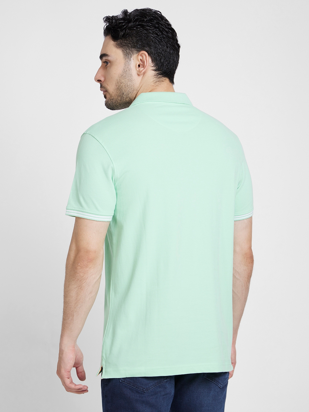 spykar | Spykar Men Mint Green Cotton Slim Fit Plain Polo Tshirt 2