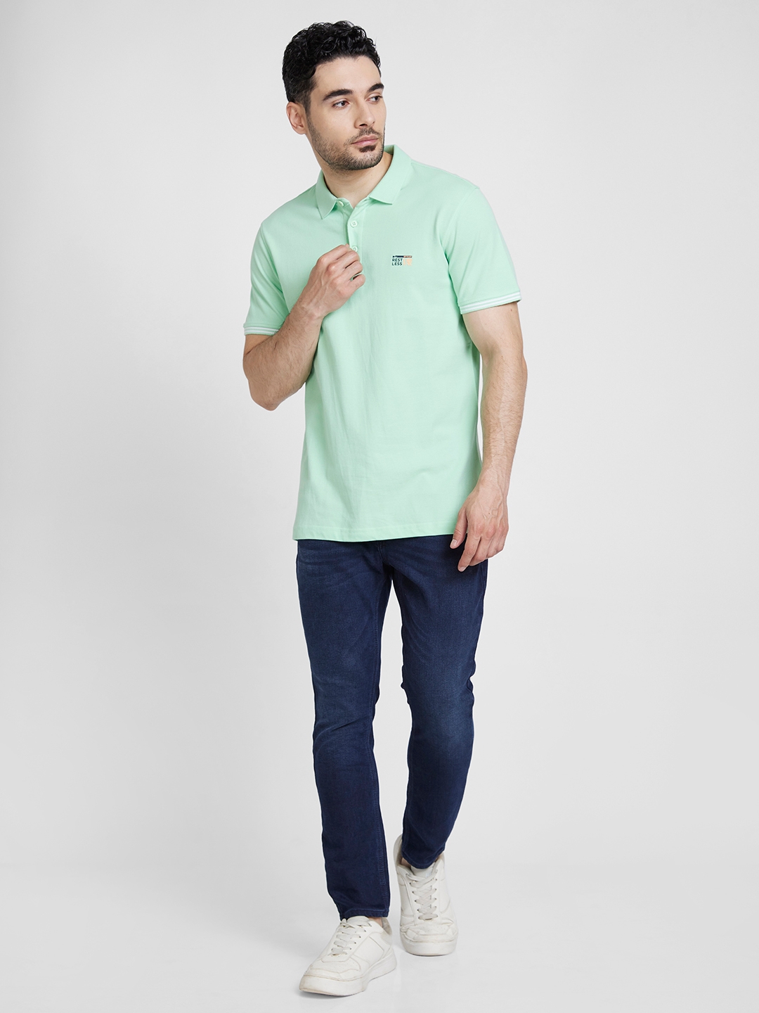 spykar | Spykar Men Mint Green Cotton Slim Fit Plain Polo Tshirt 1