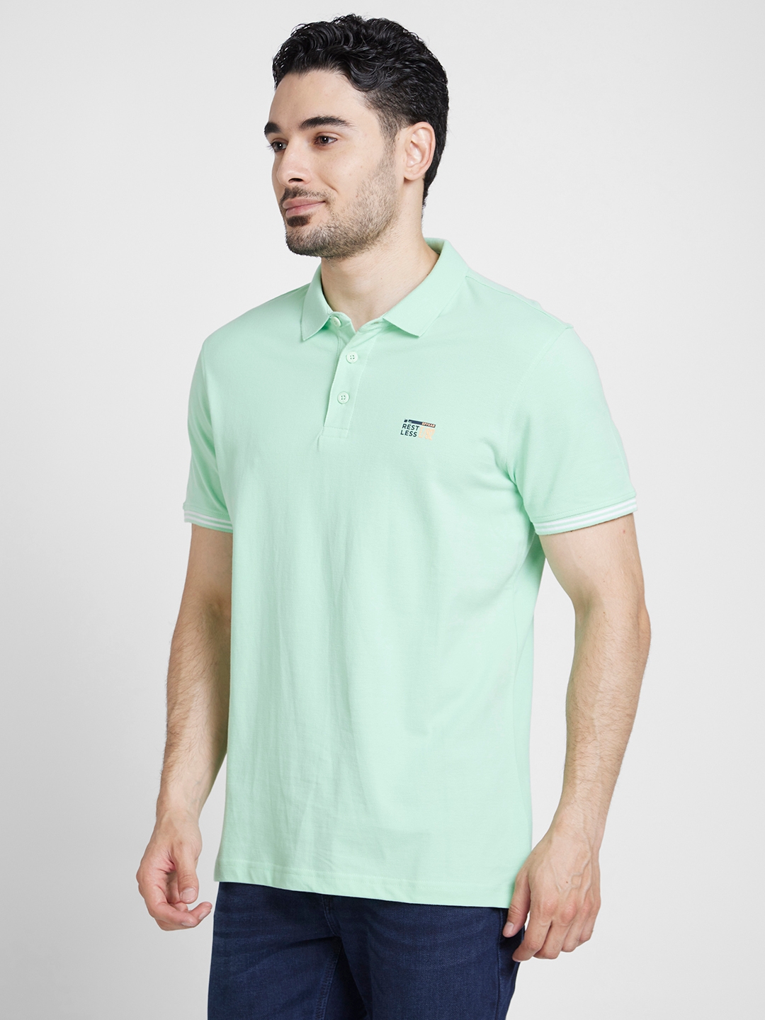 spykar | Spykar Men Mint Green Cotton Slim Fit Plain Polo Tshirt 3