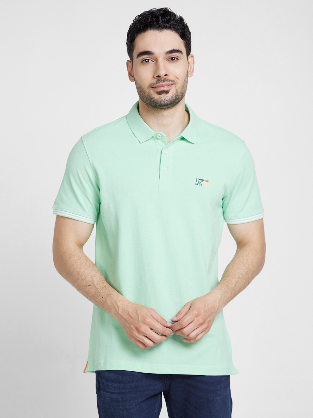 spykar | Spykar Men Mint Green Cotton Slim Fit Plain Polo Tshirt 0