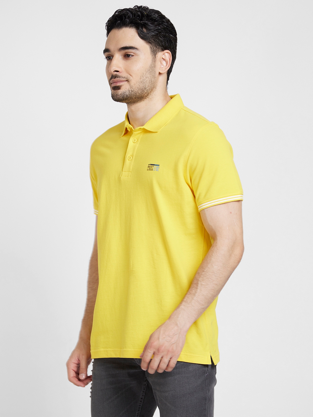 spykar | Spykar Men Yellow Cotton Slim Fit Plain Polo Tshirt 3