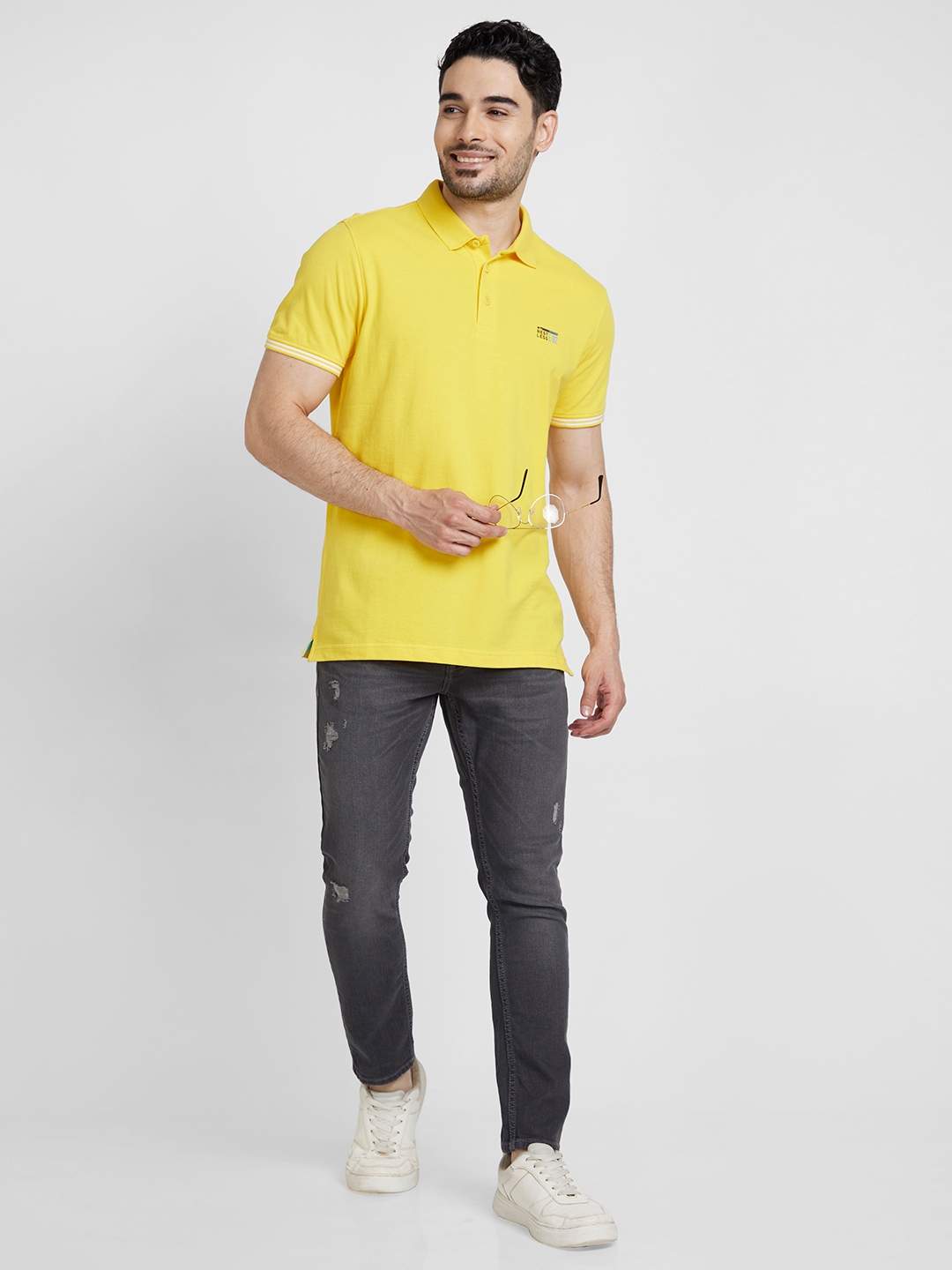 spykar | Spykar Men Yellow Cotton Slim Fit Plain Polo Tshirt 5