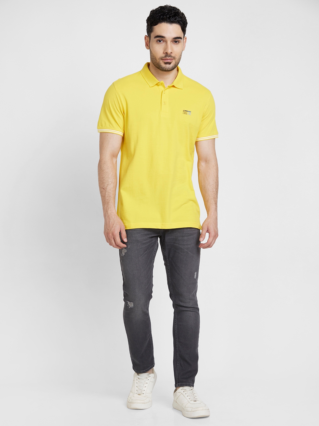 spykar | Spykar Men Yellow Cotton Slim Fit Plain Polo Tshirt 1