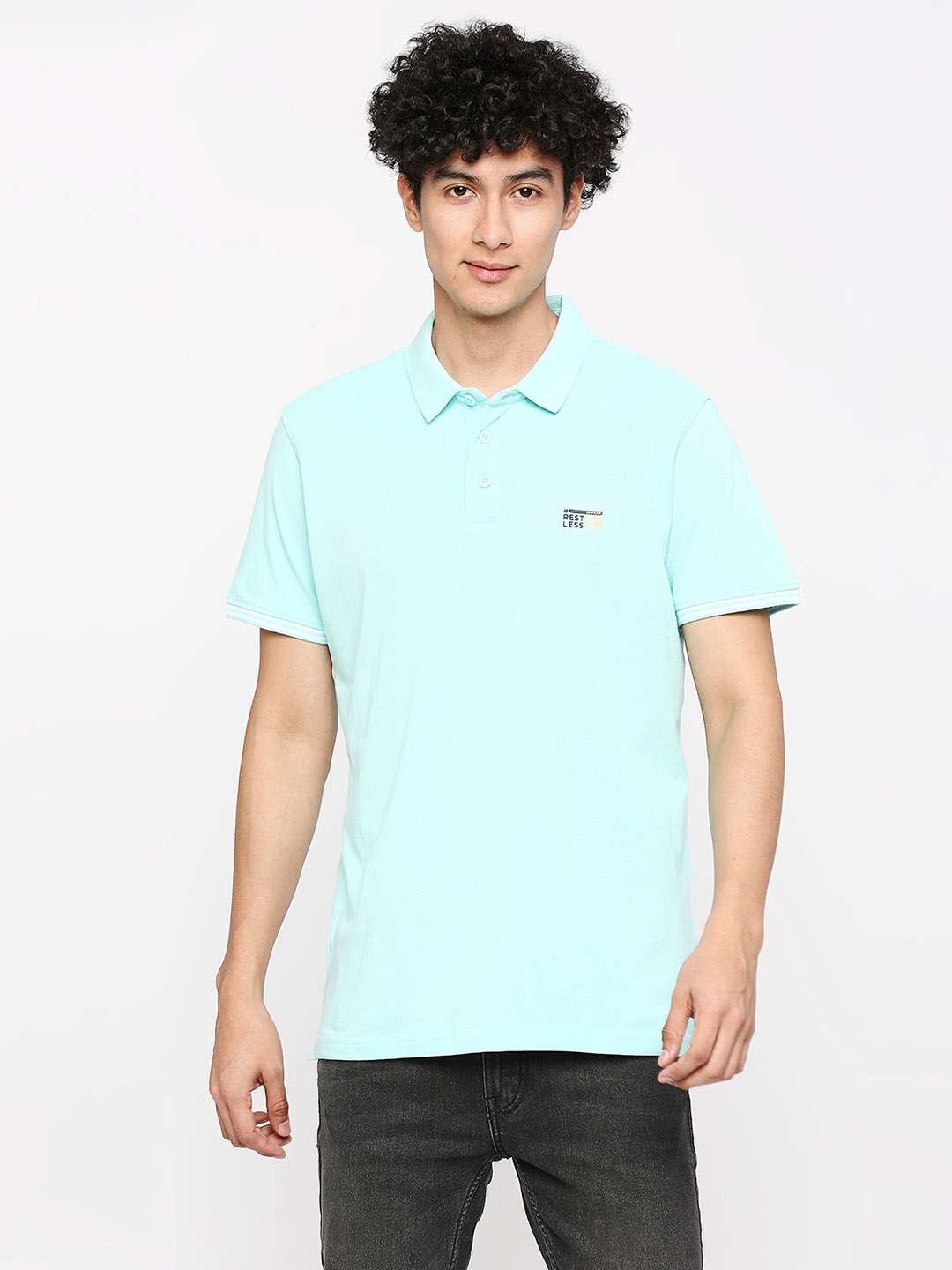 Spykar Men Bleached Aqua Cotton Slim Fit Polo Neck Plain Tshirt