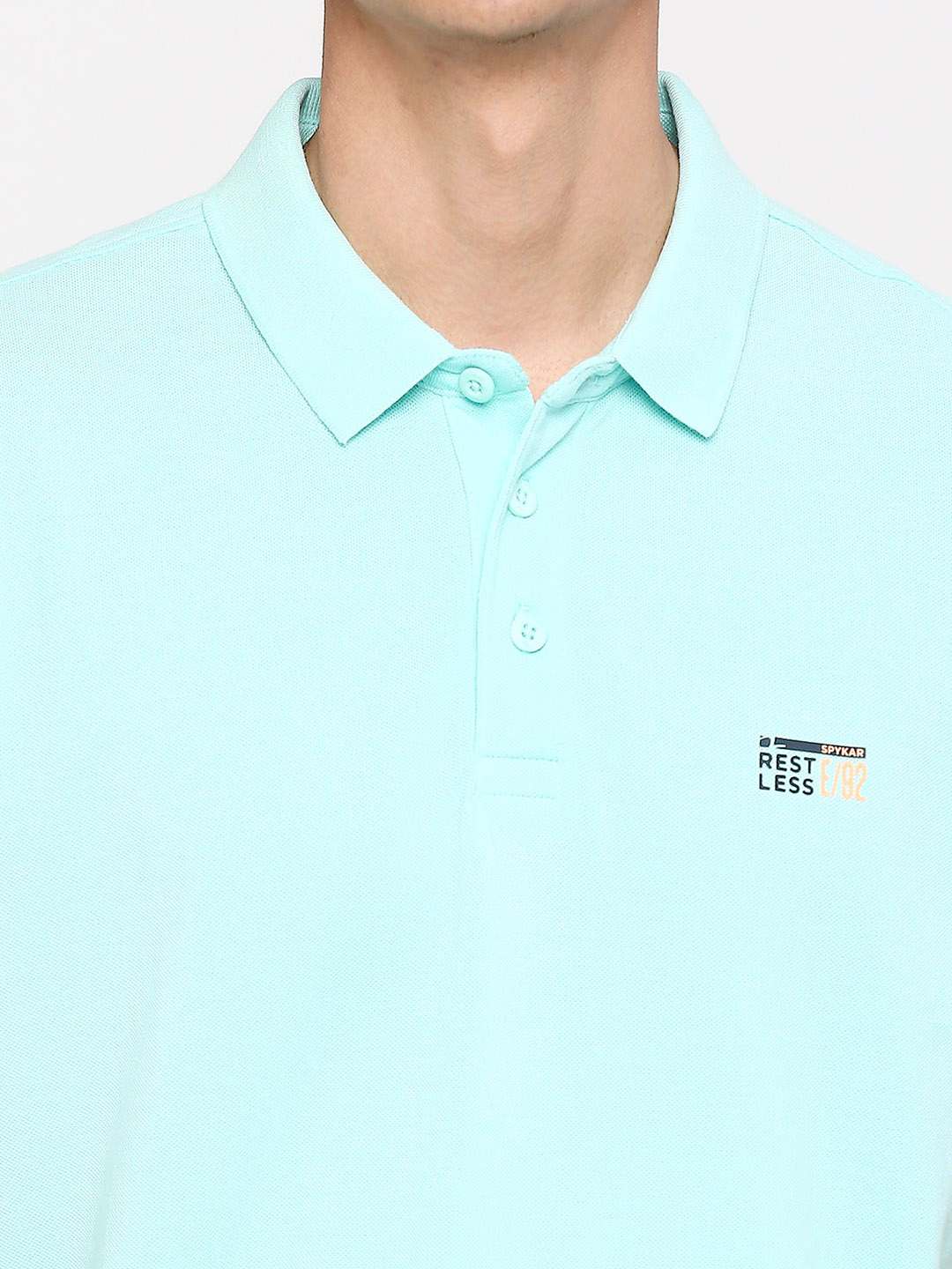 Spykar Men Bleached Aqua Cotton Slim Fit Polo Neck Plain Tshirt