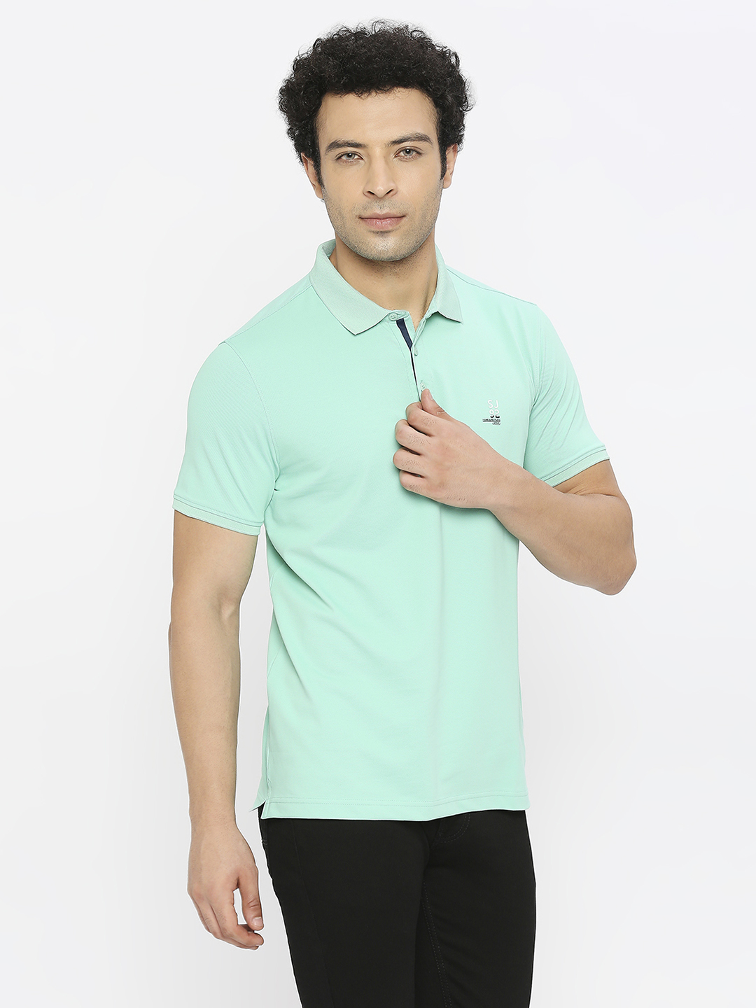 Spykar Men Ice Green Blended Regular Fit Half Sleeve Plain Polo Tshirt