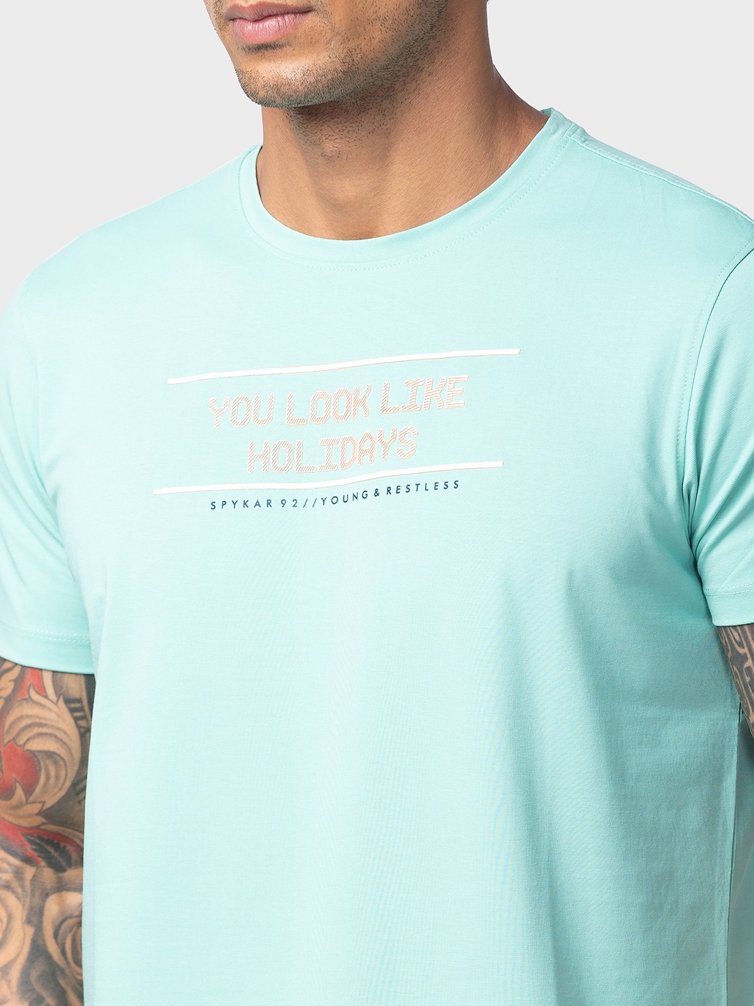 Spykar Men Ice Green Cotton Regular Fit Half Sleeve Printed T-Shirt