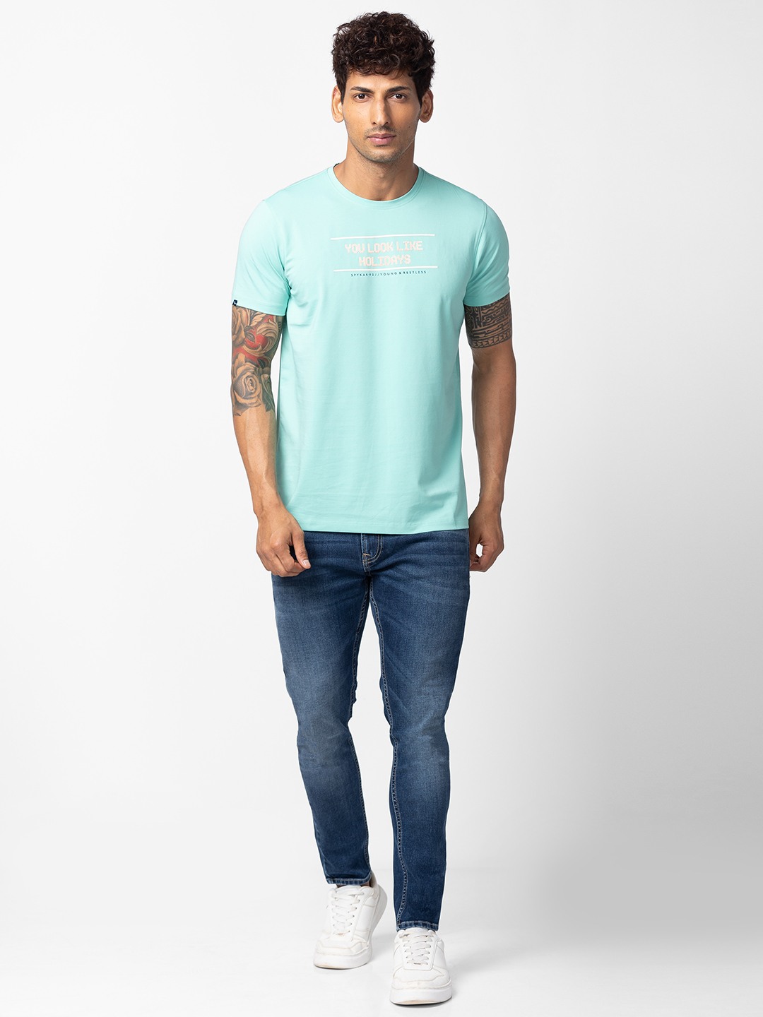Spykar Men Ice Green Cotton Regular Fit Half Sleeve Printed T-Shirt