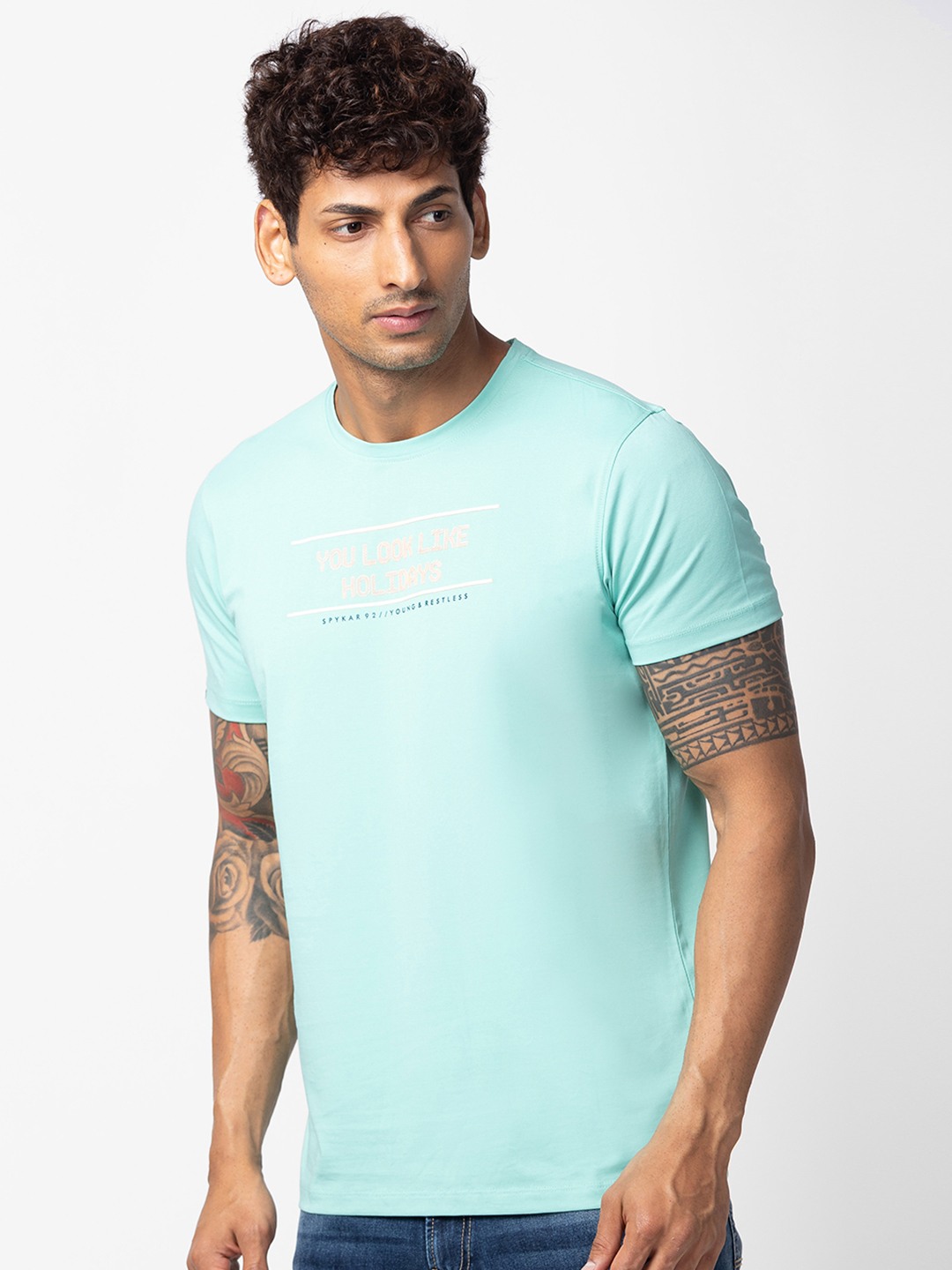 Spykar Men Ice Green Cotton Regular Fit Half Sleeve Printed T-Shirt