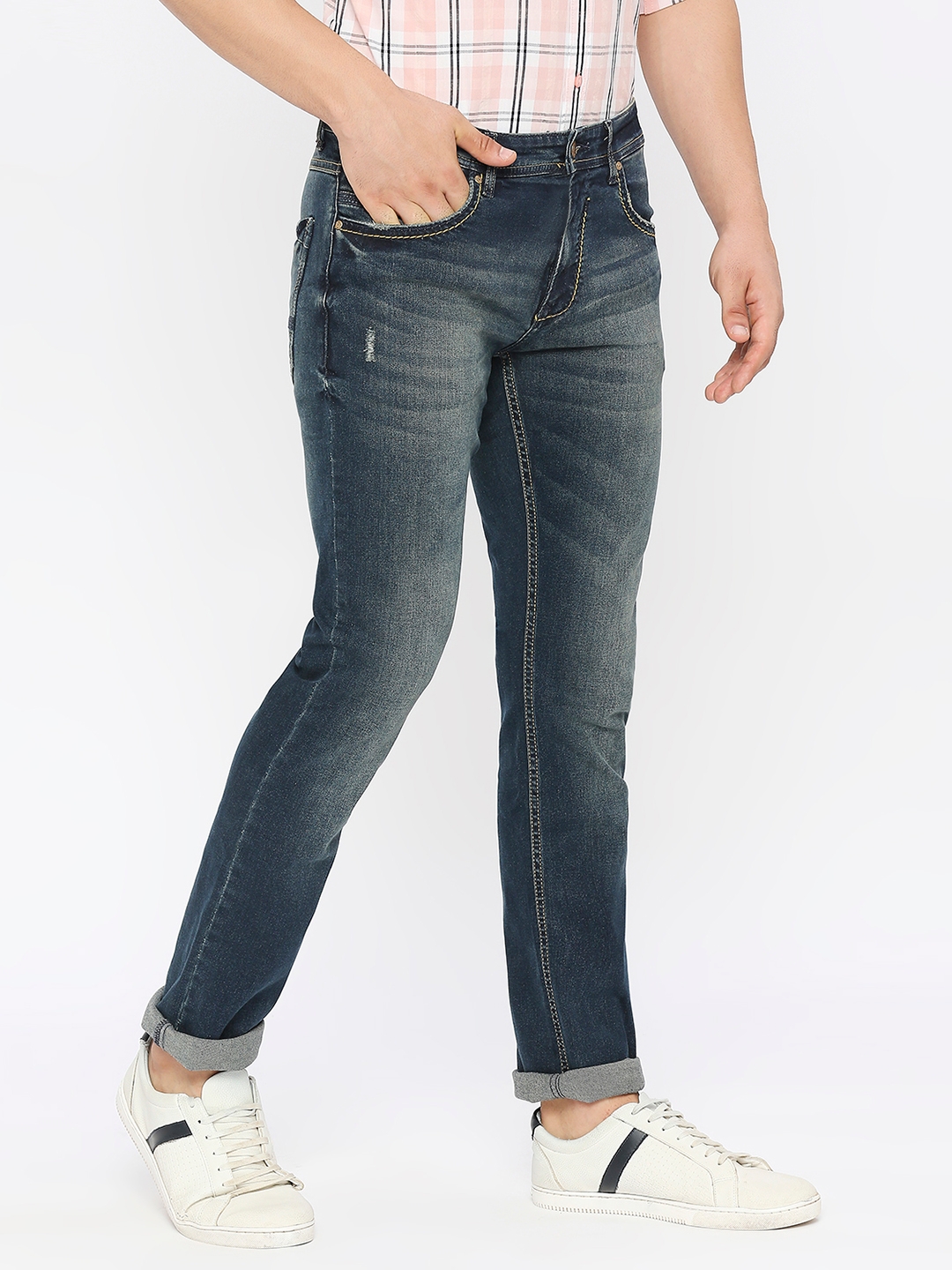 spykar | Spykar Men Dark Blue Cotton Regular Fit Narrow Length Clean Look Mid Rise Jeans-(Rover) 2