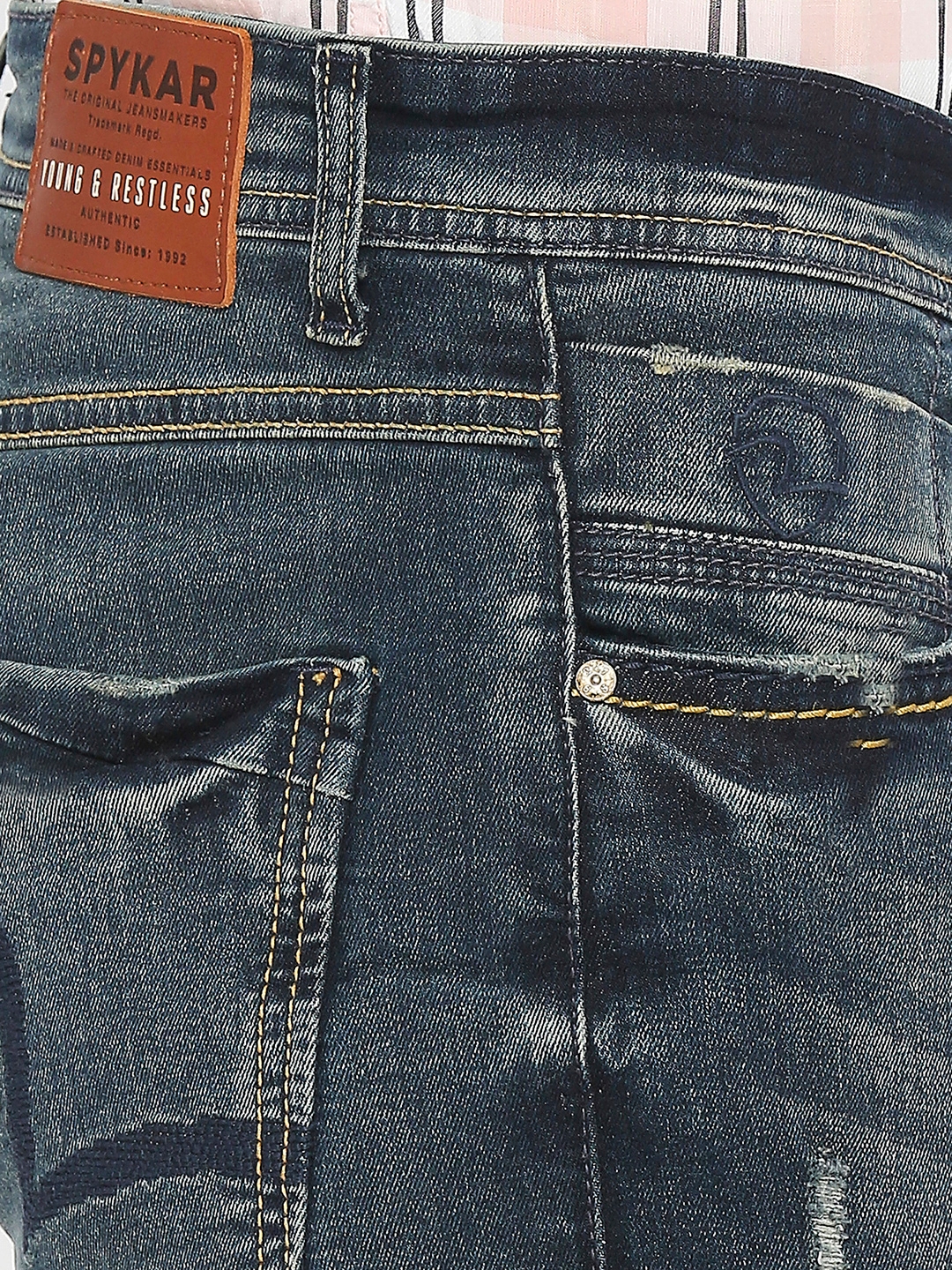 spykar | Spykar Men Dark Blue Cotton Regular Fit Narrow Length Clean Look Mid Rise Jeans-(Rover) 4