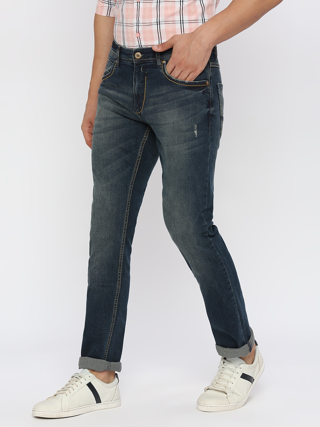 spykar | Spykar Men Dark Blue Cotton Regular Fit Narrow Length Clean Look Mid Rise Jeans-(Rover) 1