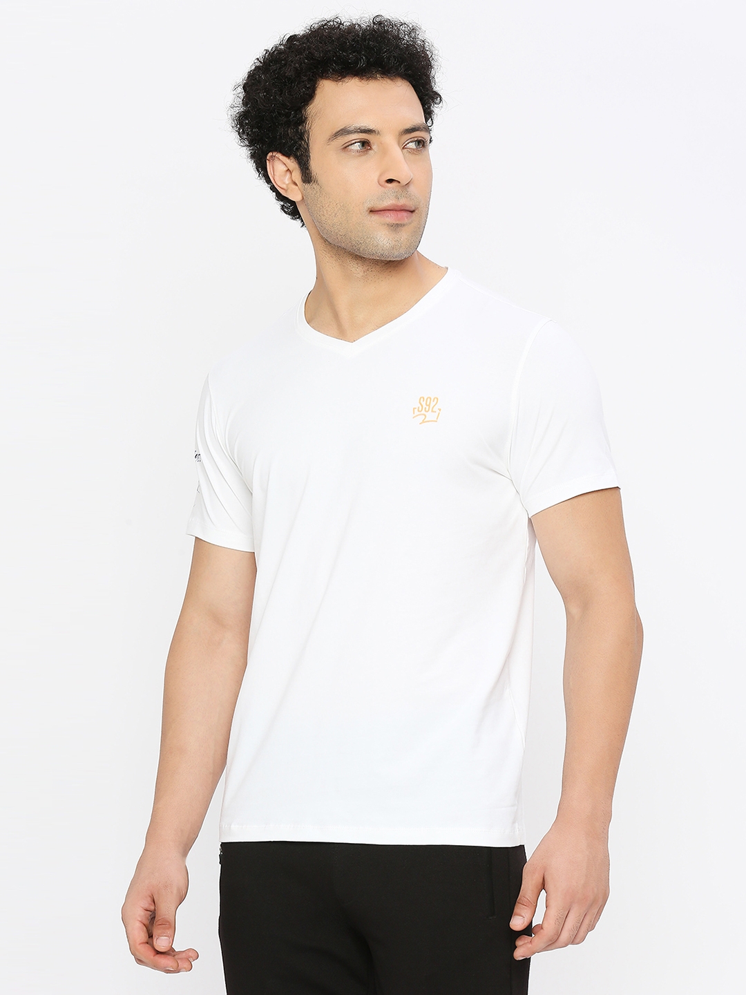 spykar | Spykar Men White Cotton Regular Fit Half Sleeve Plain V-Neck Tshirt 1