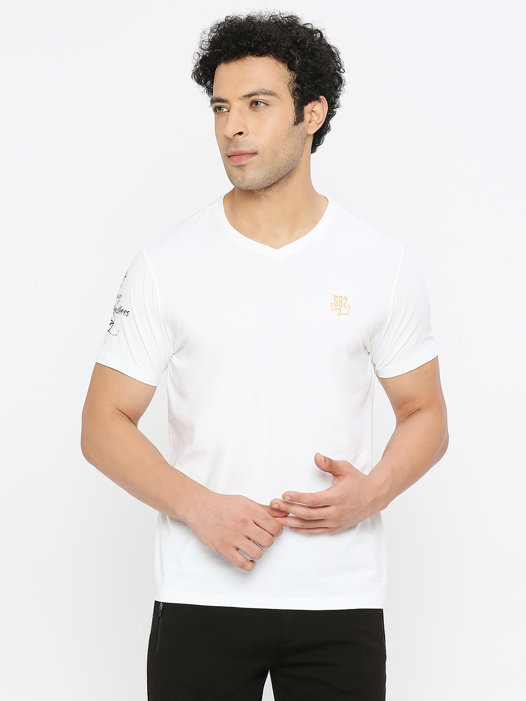 spykar | Spykar Men White Cotton Regular Fit Half Sleeve Plain V-Neck Tshirt 0
