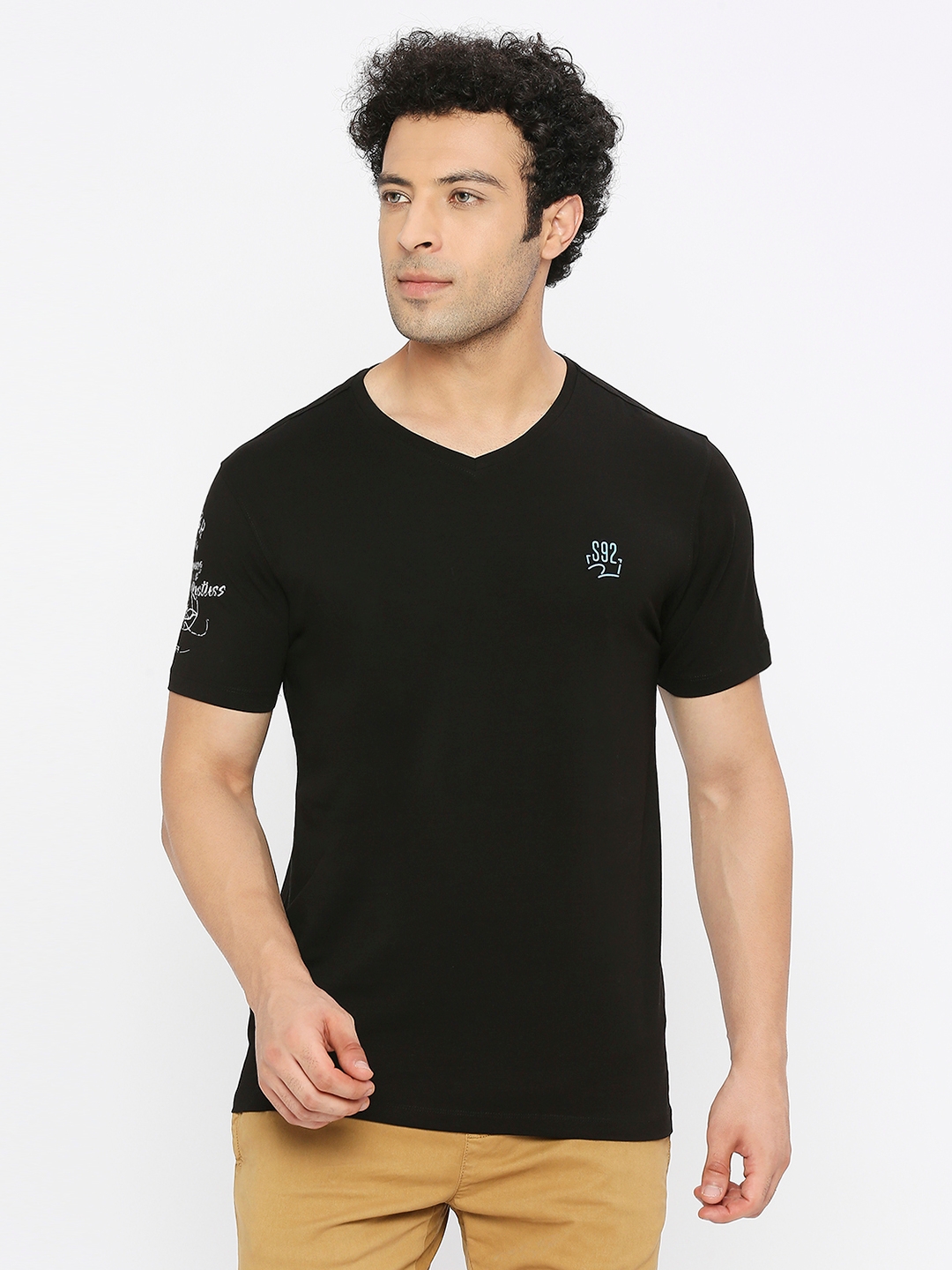 spykar | Spykar Men Black Cotton Regular Fit Half Sleeve Plain V-Neck Tshirt 0