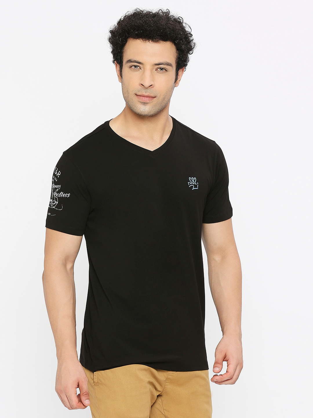 spykar | Spykar Men Black Cotton Regular Fit Half Sleeve Plain V-Neck Tshirt 2