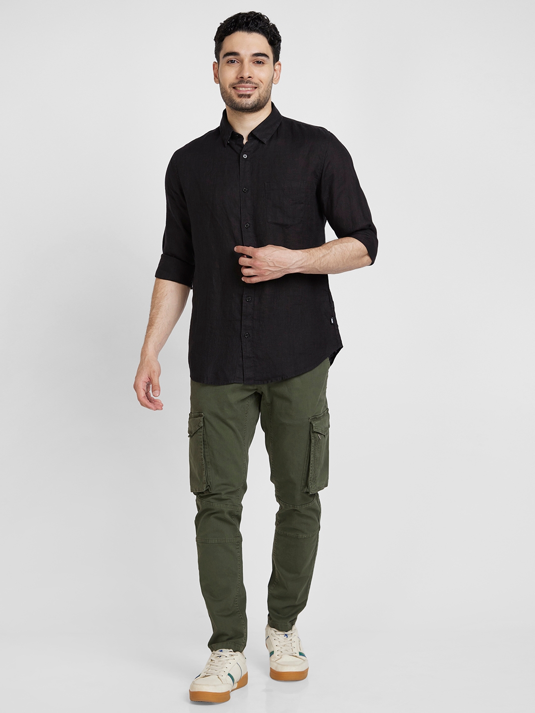 Spykar | Spykar Men Black Linen Slim Fit Plain Shirt 1