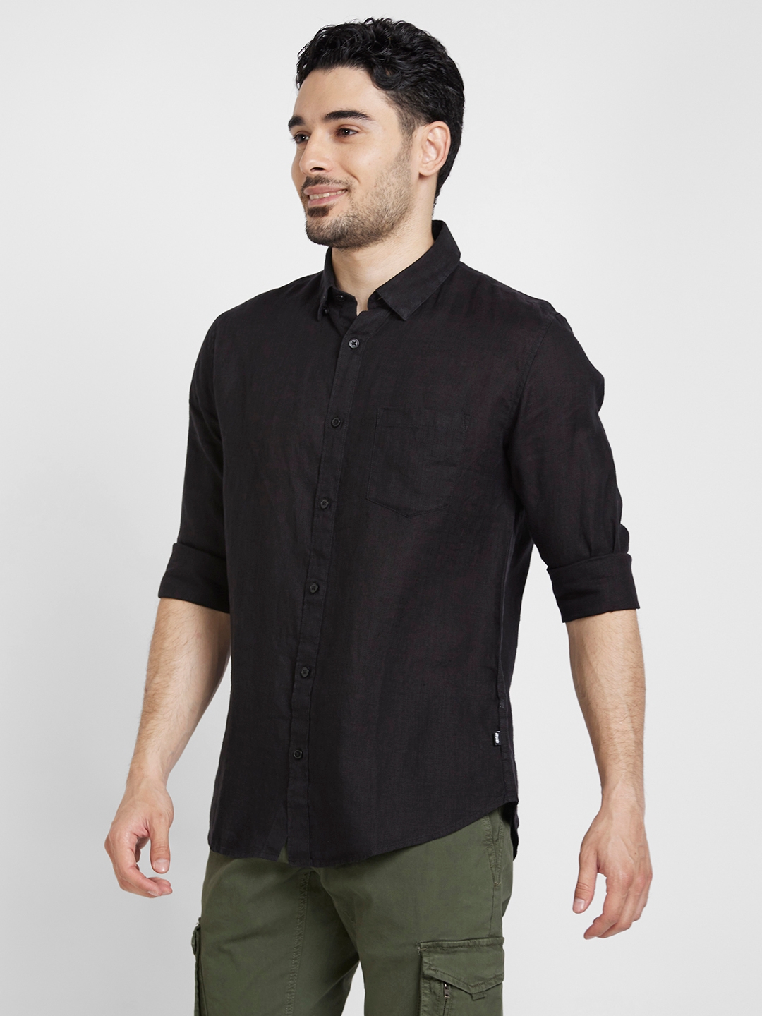 Spykar | Spykar Men Black Linen Slim Fit Plain Shirt 3