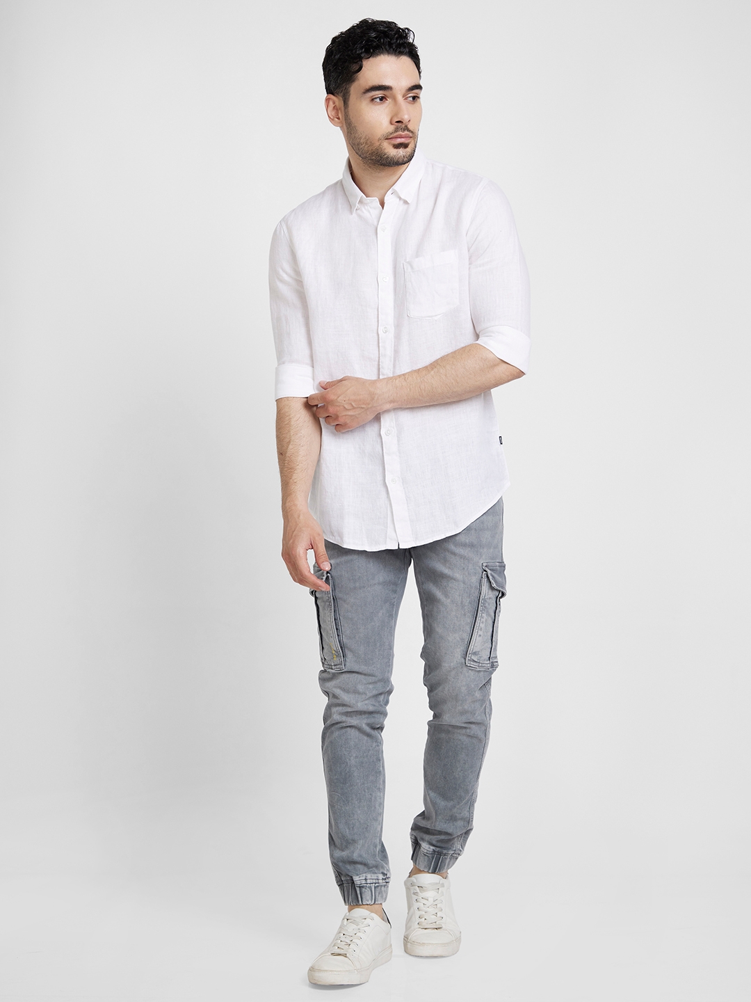 spykar | Spykar Men White Linen Slim Fit Plain Shirt 1