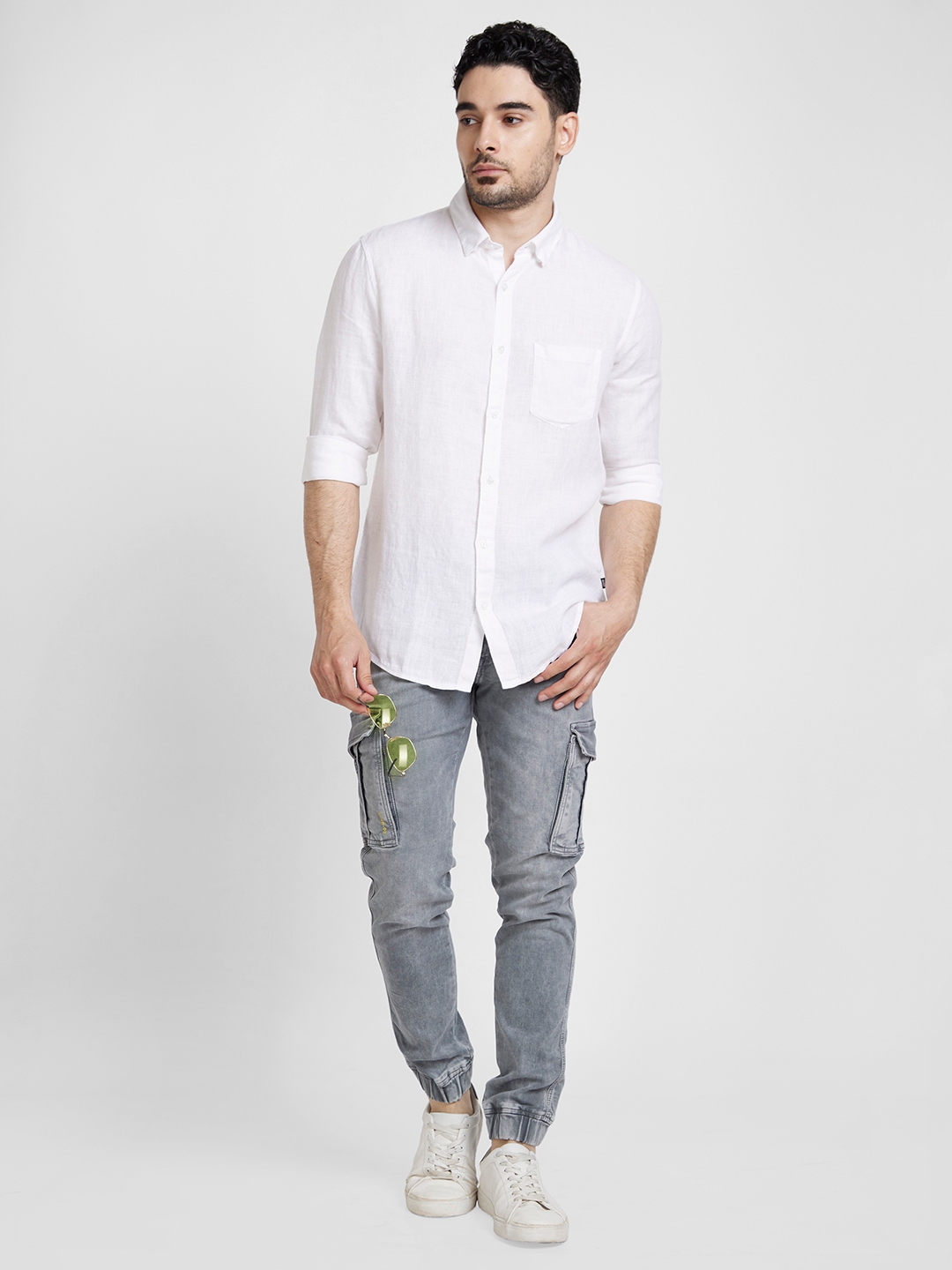 spykar | Spykar Men White Linen Slim Fit Plain Shirt 5