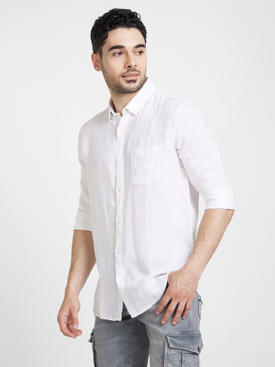 spykar | Spykar Men White Linen Slim Fit Plain Shirt 3