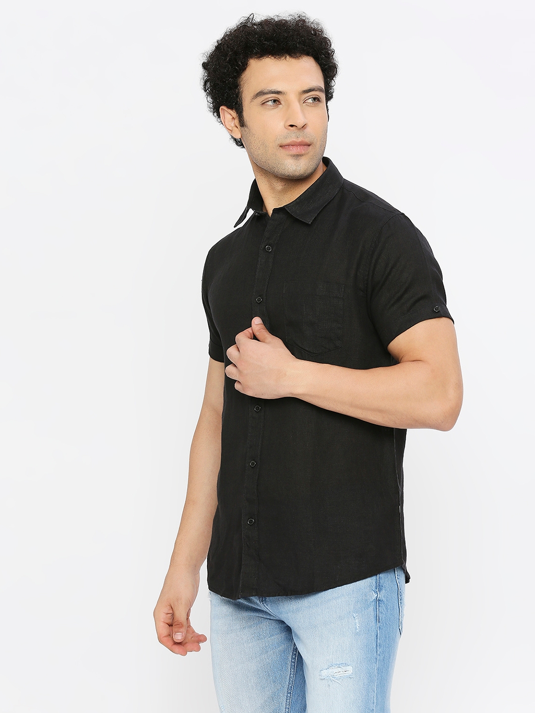 Spykar | Spykar Men Black Linen Slim Fit Half Sleeve Plain Shirt 1