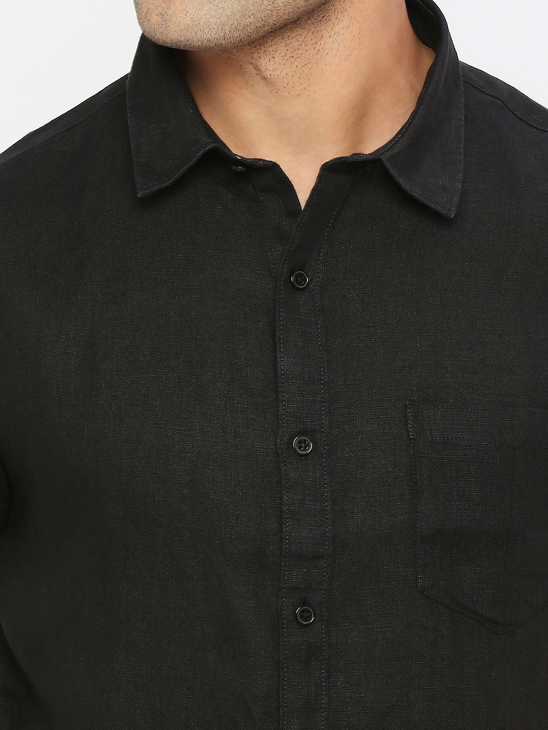 Spykar | Spykar Men Black Linen Slim Fit Half Sleeve Plain Shirt 4