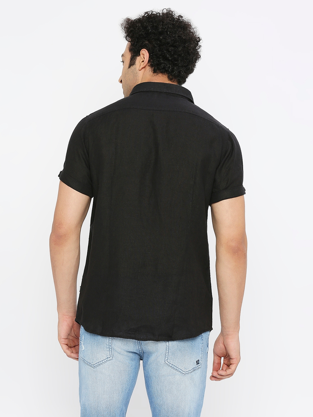 Spykar | Spykar Men Black Linen Slim Fit Half Sleeve Plain Shirt 3