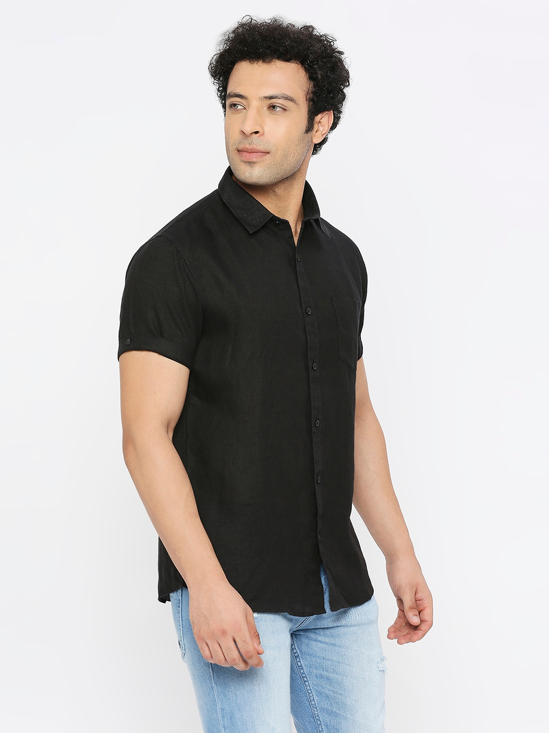 Spykar | Spykar Men Black Linen Slim Fit Half Sleeve Plain Shirt 2