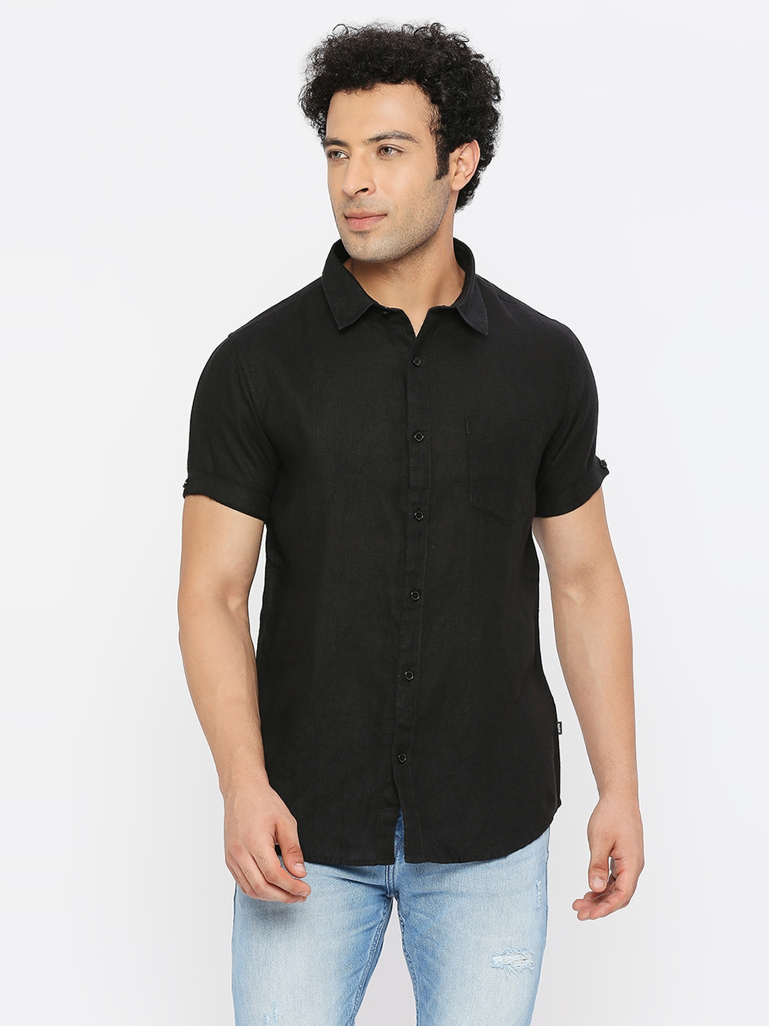 Spykar | Spykar Men Black Linen Slim Fit Half Sleeve Plain Shirt 0