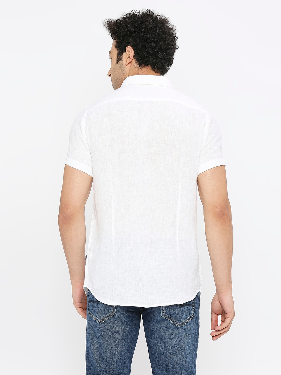spykar | Spykar Men White Linen Slim Fit Half Sleeve Plain Shirt 3