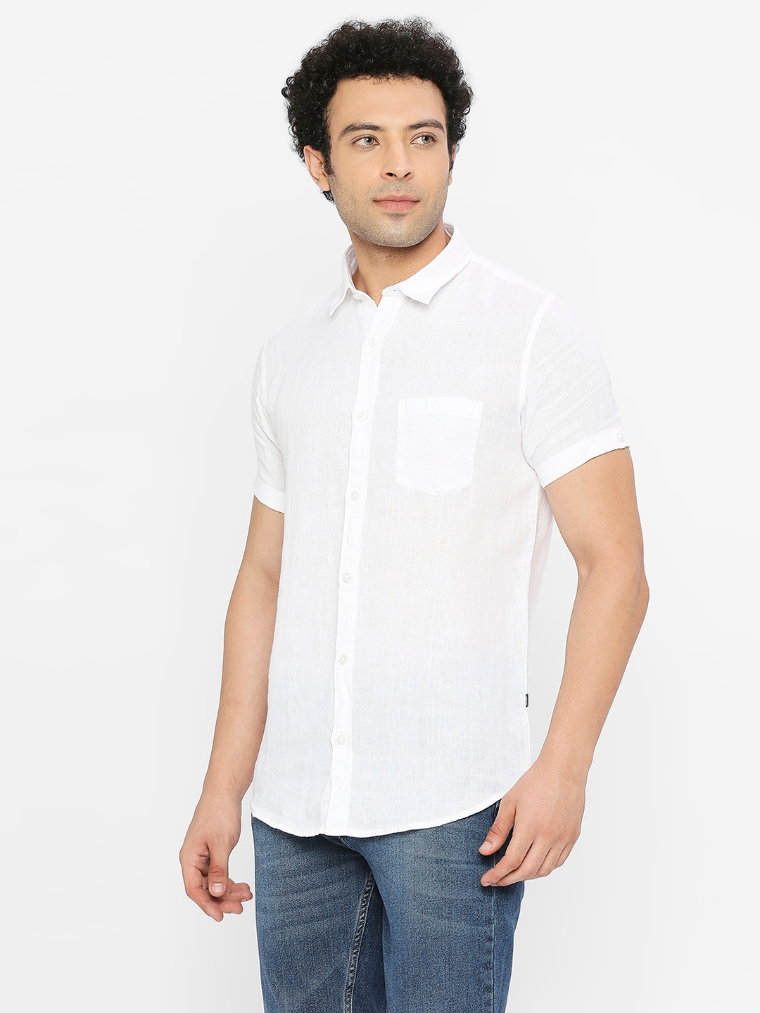 spykar | Spykar Men White Linen Slim Fit Half Sleeve Plain Shirt 1