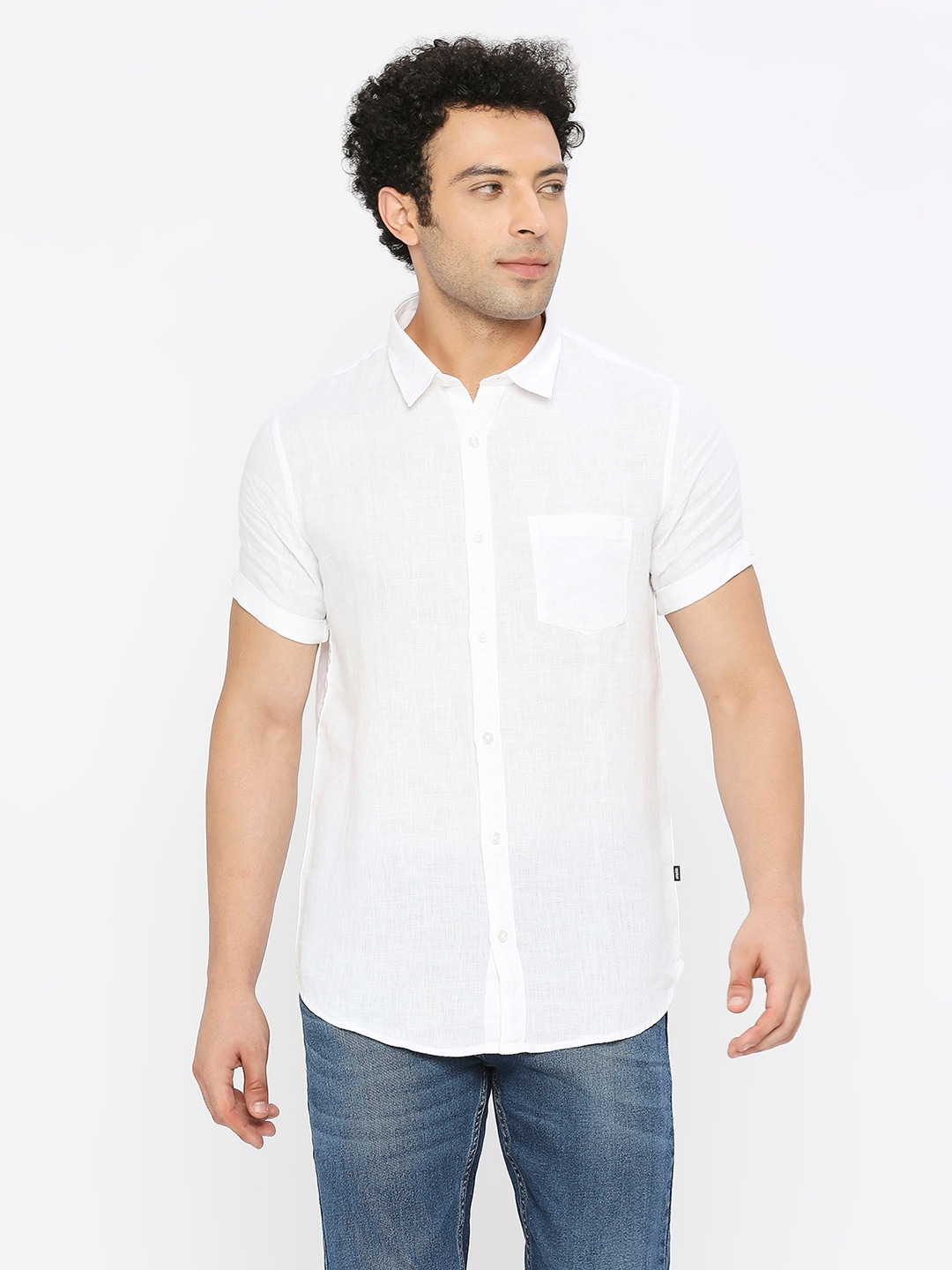spykar | Spykar Men White Linen Slim Fit Half Sleeve Plain Shirt 0