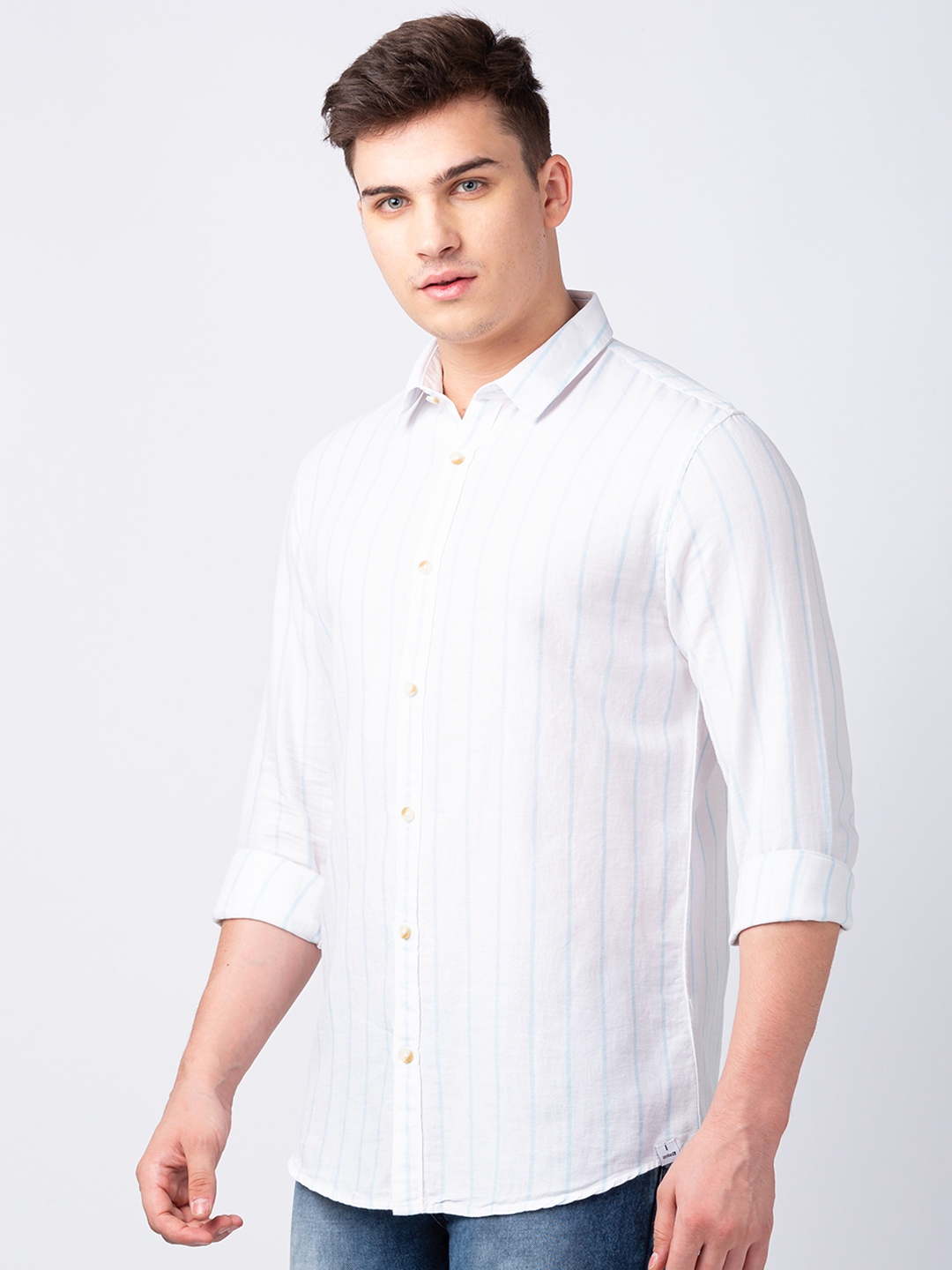 spykar | Spykar Men White Cotton Regular Slim Fit Striped Shirt 3