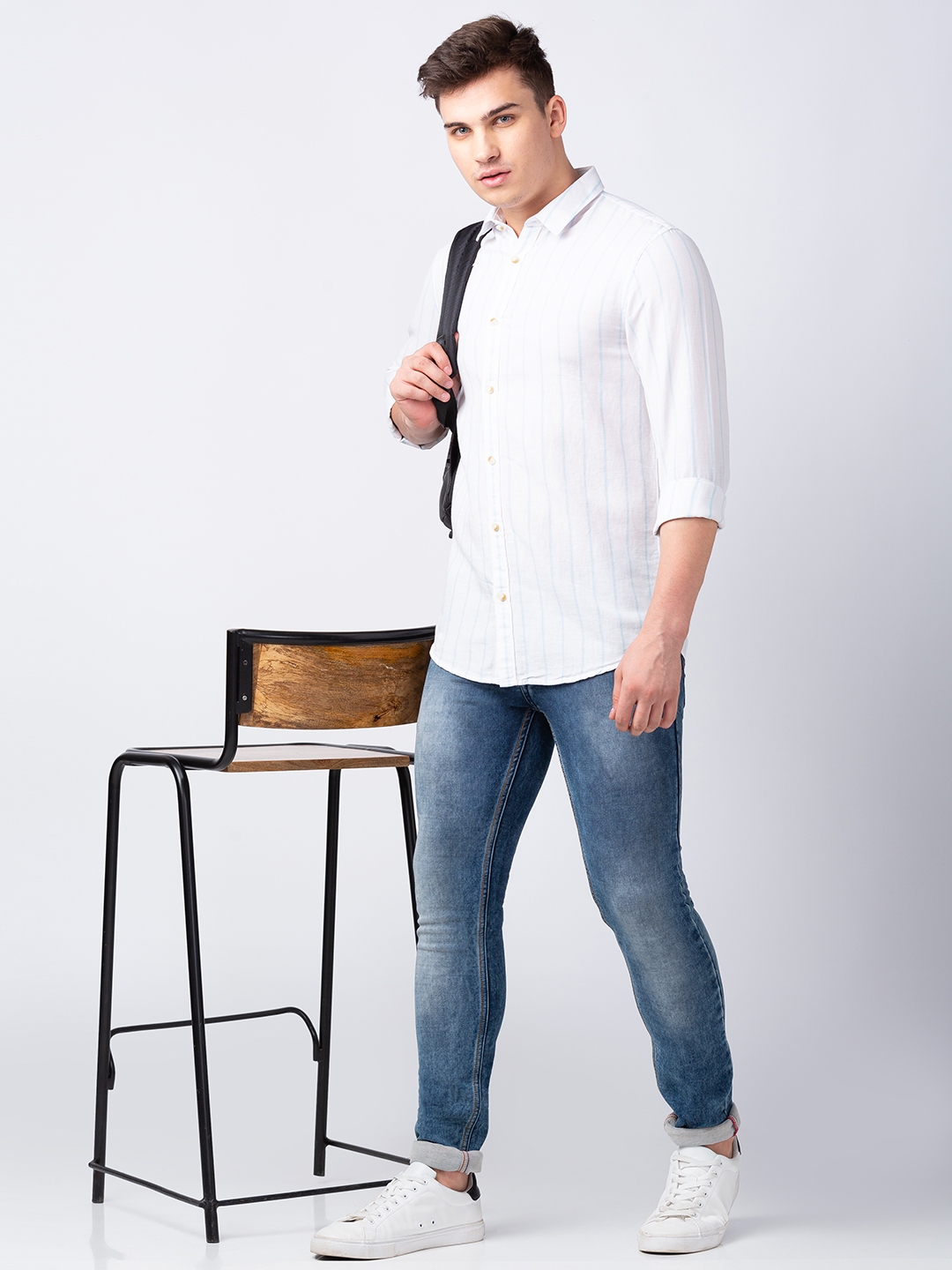 spykar | Spykar Men White Cotton Regular Slim Fit Striped Shirt 5