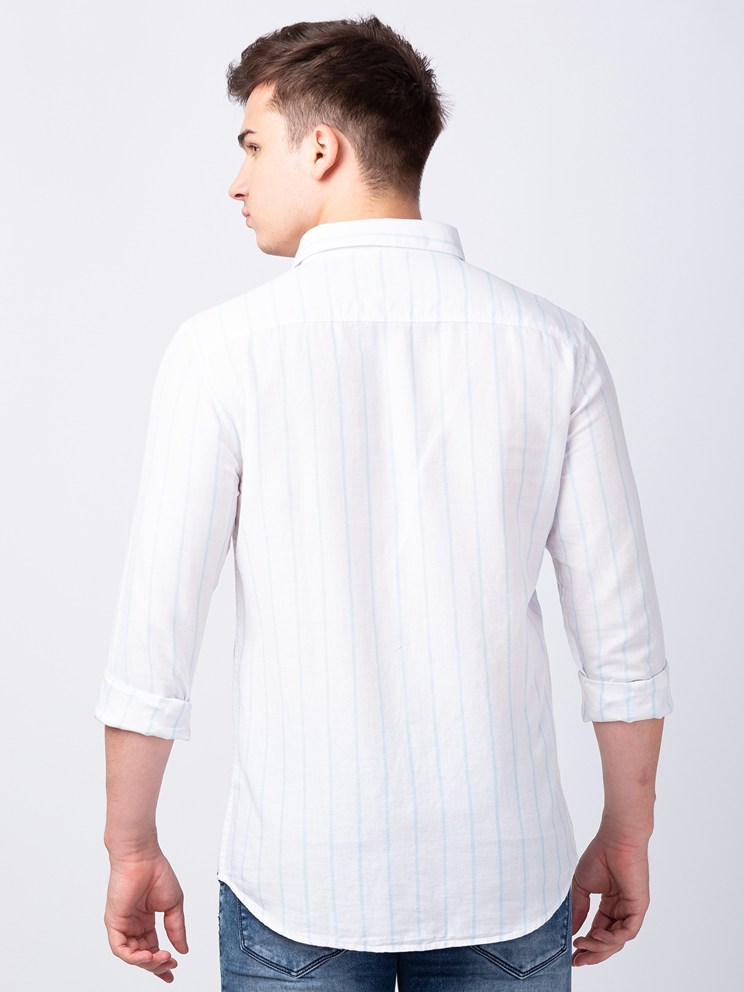 spykar | Spykar Men White Cotton Regular Slim Fit Striped Shirt 2