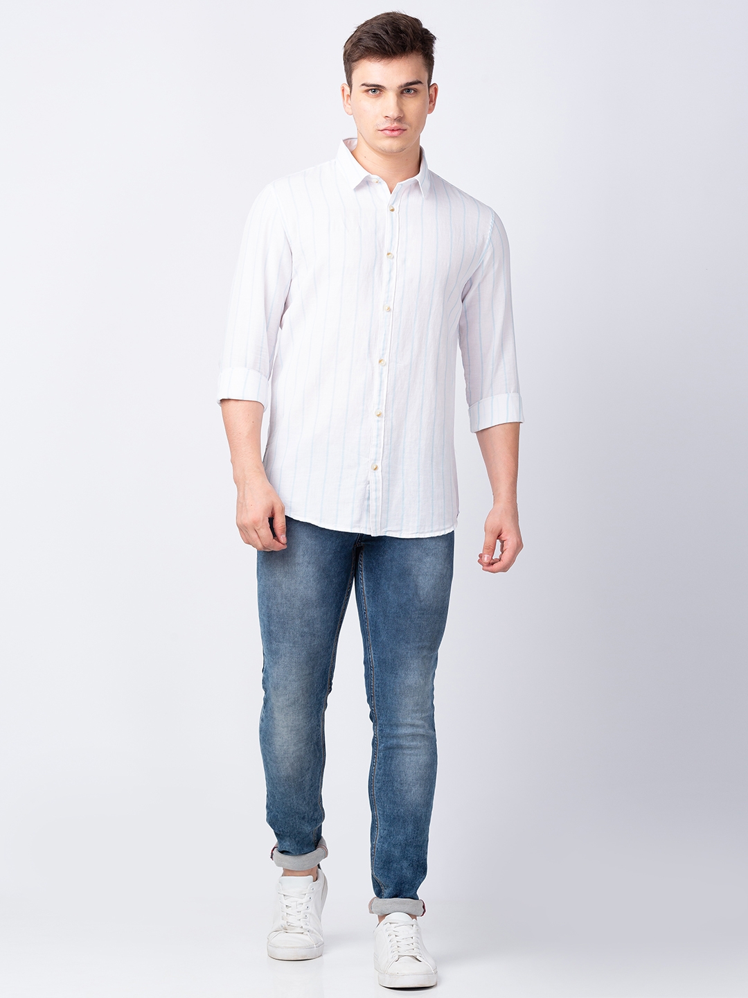 spykar | Spykar Men White Cotton Regular Slim Fit Striped Shirt 1