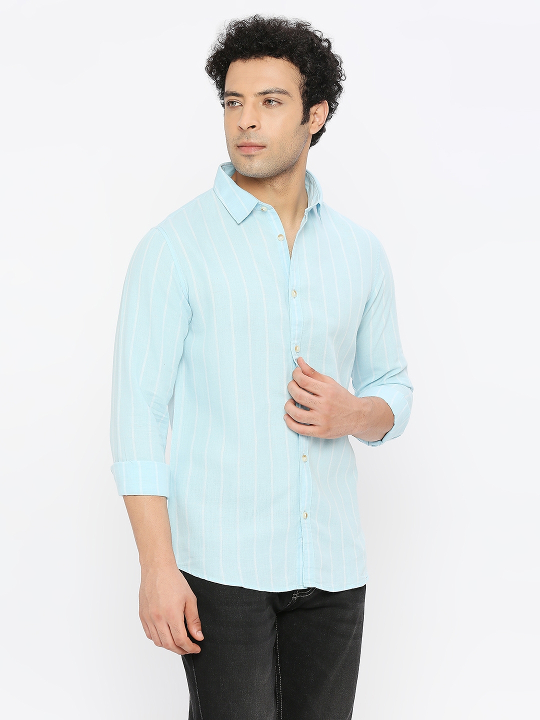 spykar | Spykar Men Sky Blue Cotton Linen Slim Fit Full Sleeve Striped Shirt 2