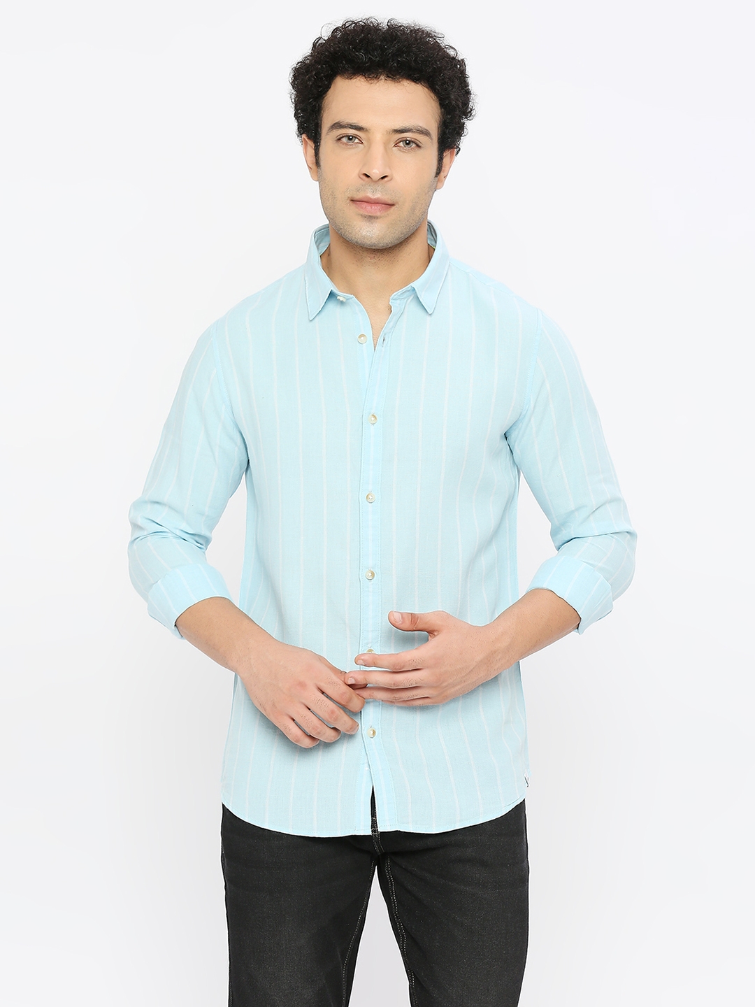 spykar | Spykar Men Sky Blue Cotton Linen Slim Fit Full Sleeve Striped Shirt 0
