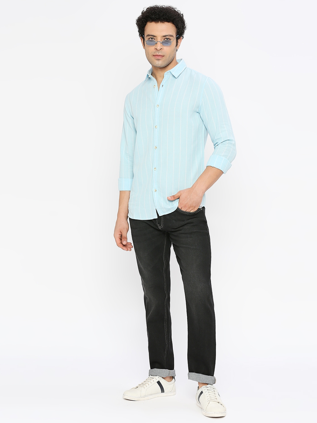 spykar | Spykar Men Sky Blue Cotton Linen Slim Fit Full Sleeve Striped Shirt 5