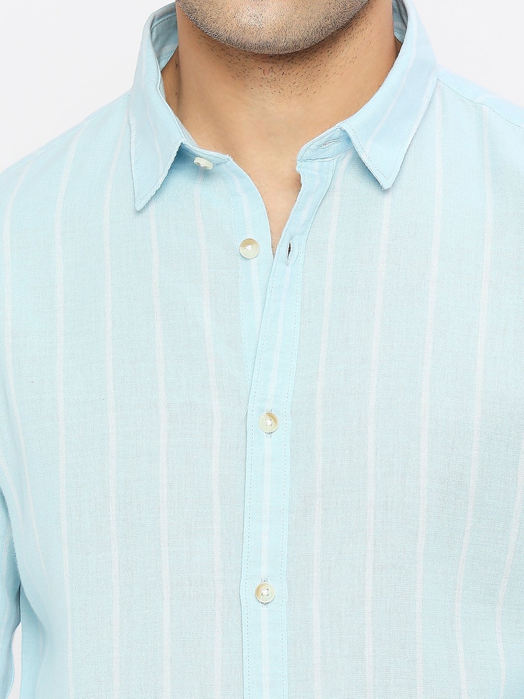 spykar | Spykar Men Sky Blue Cotton Linen Slim Fit Full Sleeve Striped Shirt 4