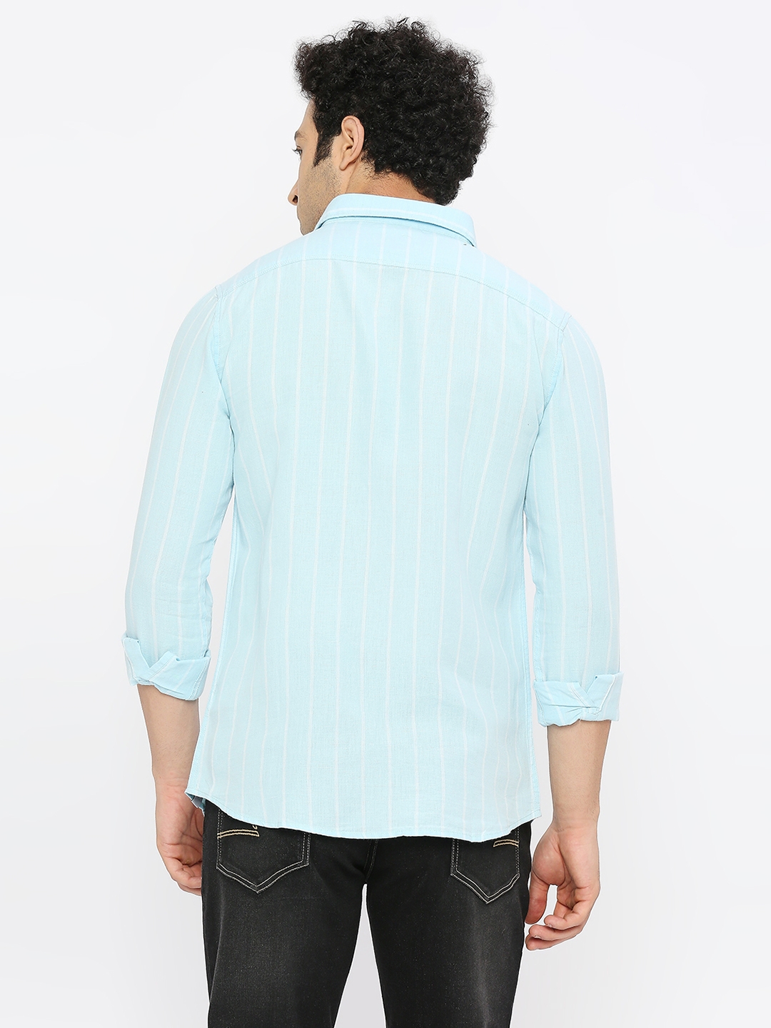 spykar | Spykar Men Sky Blue Cotton Linen Slim Fit Full Sleeve Striped Shirt 3