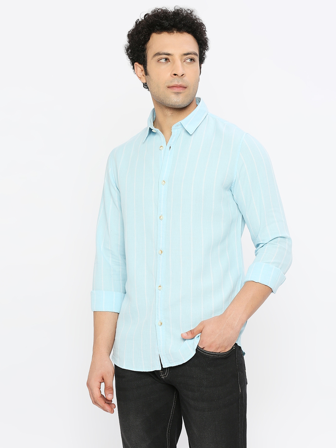spykar | Spykar Men Sky Blue Cotton Linen Slim Fit Full Sleeve Striped Shirt 1