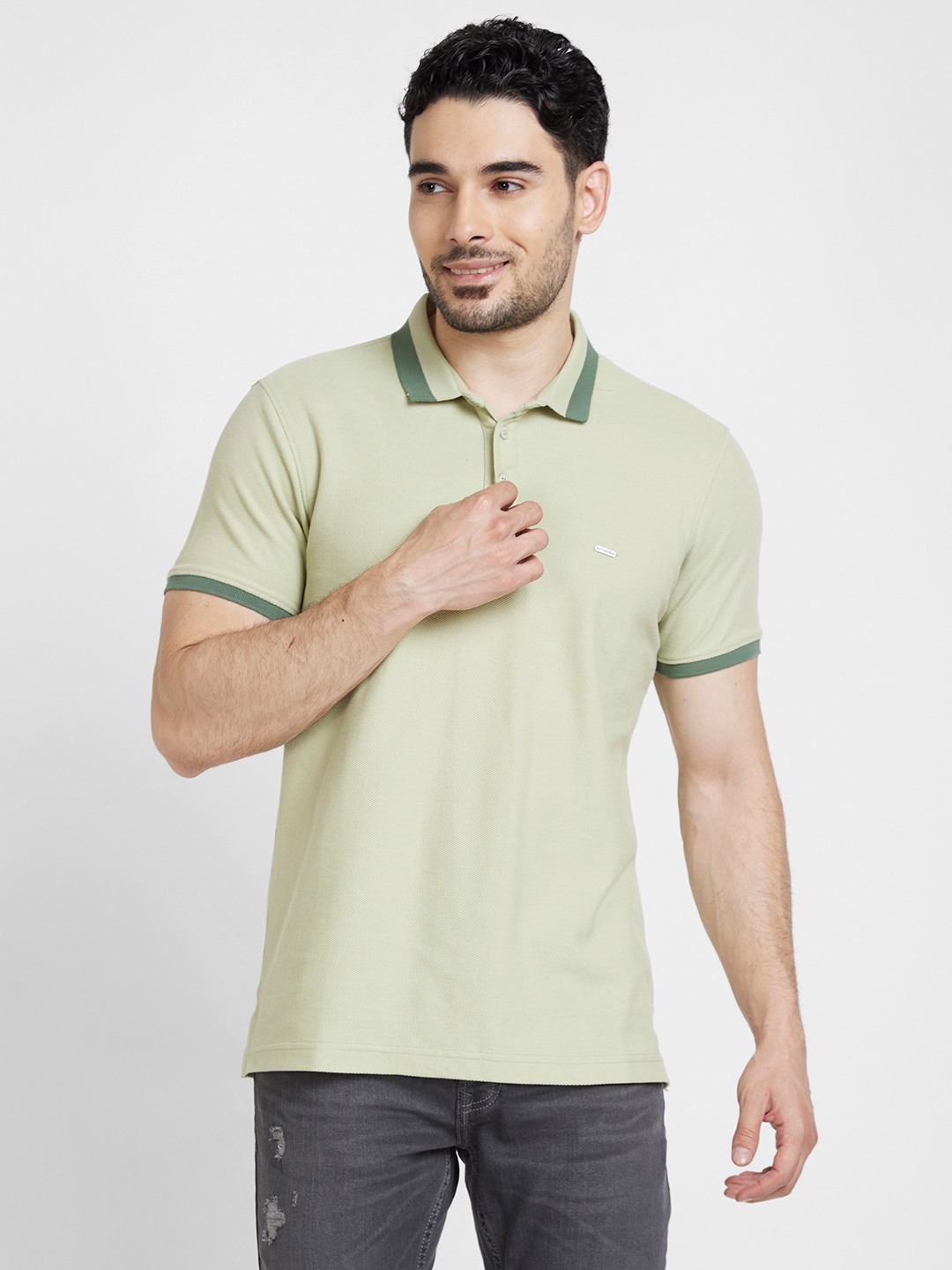 Spykar Men Dusty Pista Green Cotton Slim Fit Plain Polo Tshirt