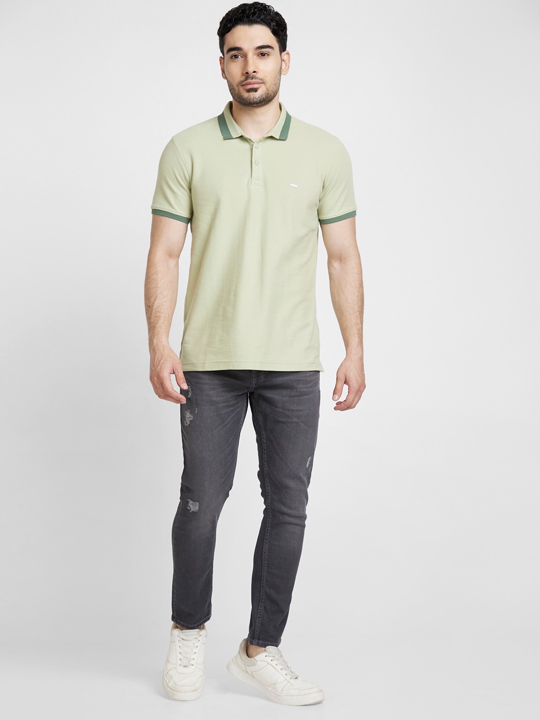 Spykar Men Dusty Pista Green Cotton Slim Fit Plain Polo Tshirt
